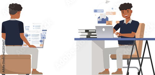 Set of office man wear blue shirt character vector design. Presentation in various action. People working in office planning, thinking and economic analysis. Businessman on isolated white background i