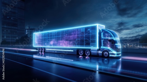 Truck Driving on the Road with Sensors Scanning, Futuristic Autonomous Truck, Self Driving Truck. Generative Ai