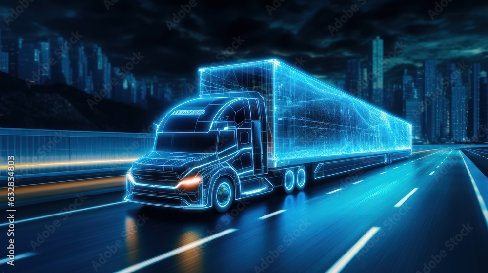 Truck Driving on the Road with Sensors Scanning, Futuristic Autonomous Truck, Self Driving Truck. Generative Ai