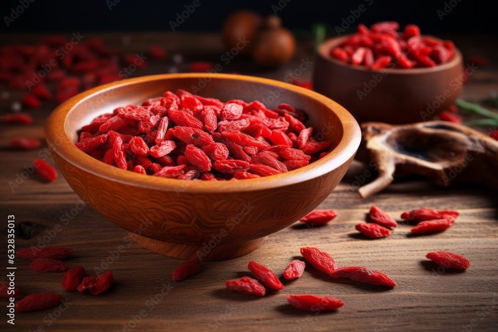 A bowl of goji berries on a wooden table. Generative AI image A bowl of goji berries on a wooden table. Generative AI image