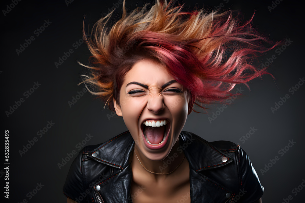 Punk girl rock style, happy punk girl, surprised face, musician, black leather jacket, smile punk