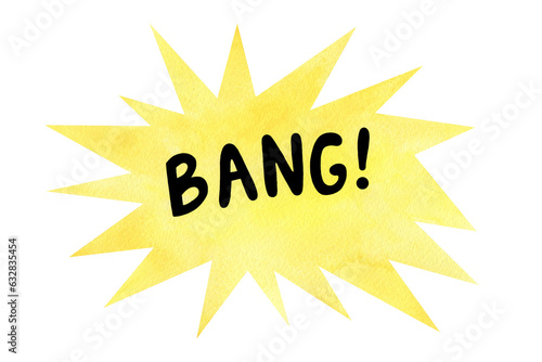 Lettering bang boom star watercolor illustration. Comics book balloon. Bubble icon speech phrase. Cartoon exclusive font label tag expression. Comic text sound effects.