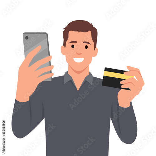 Smiling man holds smart phone and credit card, he gesture success for win money reward. Flat vector illustration isolated on white background