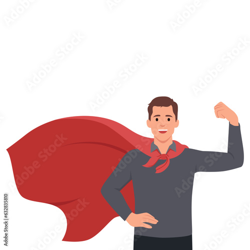 Businessman pose feel strong and costume like superhero. Flat vector illustration isolated on white background