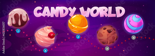 Candy space ui game level map galaxy vector background. Fantasy magic sweet food world design. 2d childish road progress in cosmos to goal in app interface. Cute colorful yummy solar adventure