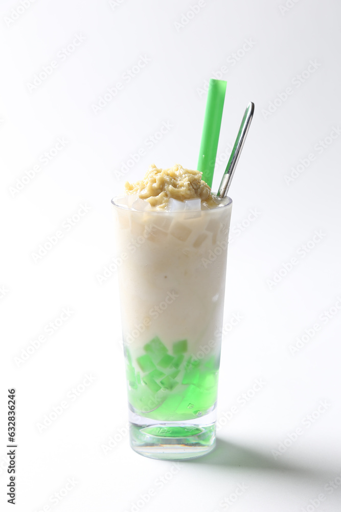 chilled musang king durian fruit ice blended cendol drink with green pandan jelly in glass sweet beverage drink halal vegan food menu for Hong Kong cafe chilled musang king durian fruit ice blended cendol drink with green pandan jelly in glass sweet beverage drink halal vegan food menu for Hong Kong cafe
