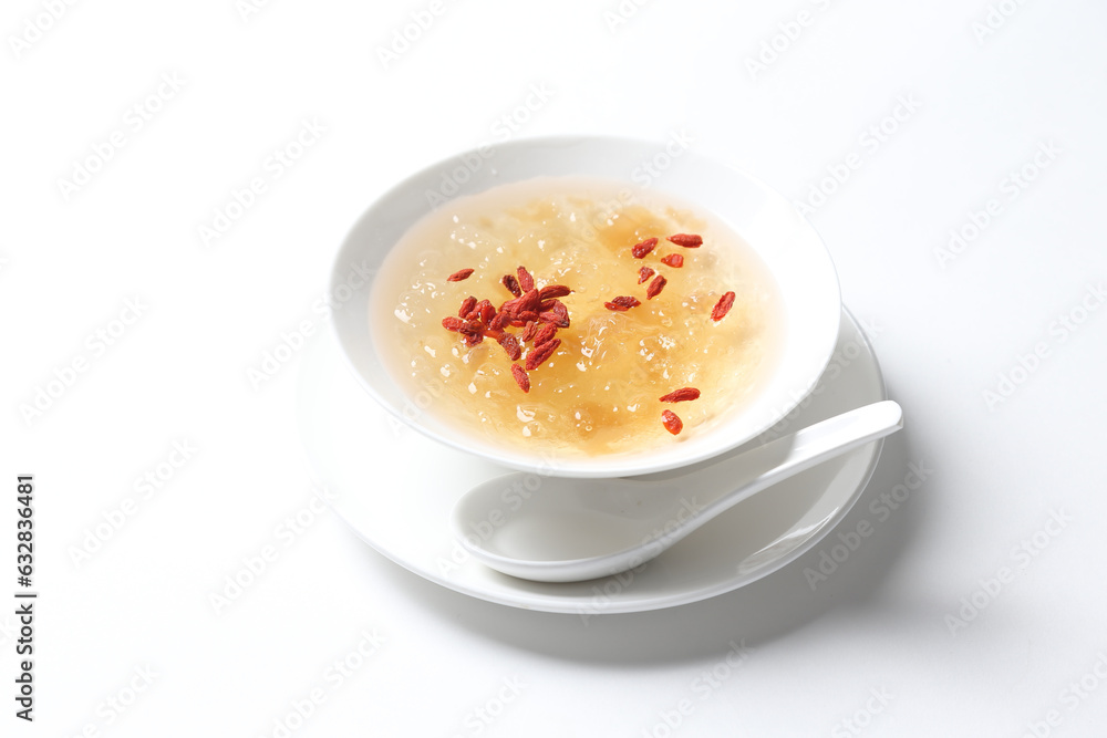 chilled double boiled fresh bird nest with hashima and wolf berries asian sweet soya milk soup in white bowl healthy dessert halal vegan food menu for Hong Kong cafe chilled double boiled fresh bird nest with hashima and wolf berries asian sweet soya milk soup in white bowl healthy dessert halal vegan food menu for Hong Kong cafe