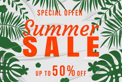 Summer Sale glued paper with wrinkles effect realistic banner tropical colorful plants