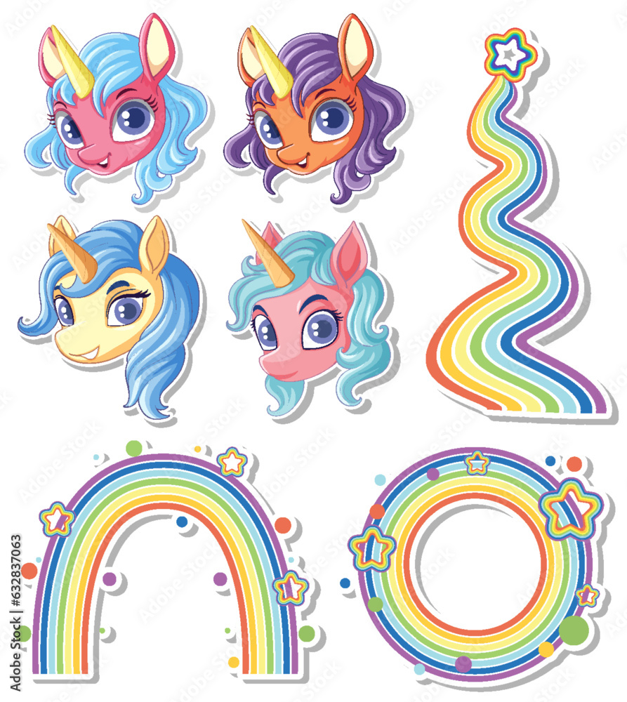 Set of unicorns with rainbow elements