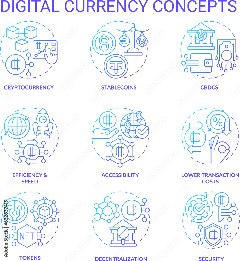 2D gradient icons set representing digital currency concepts, isolated vector, gradient thin line colorful illustration.