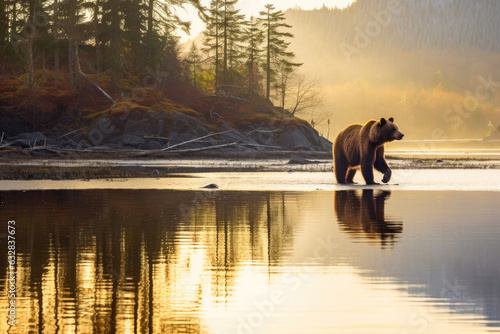 Majestic Grizzly Bear by the Misty Lake