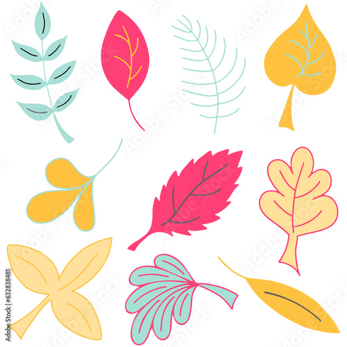 Vector Set of Colorful Autumn Doodle Leaves.