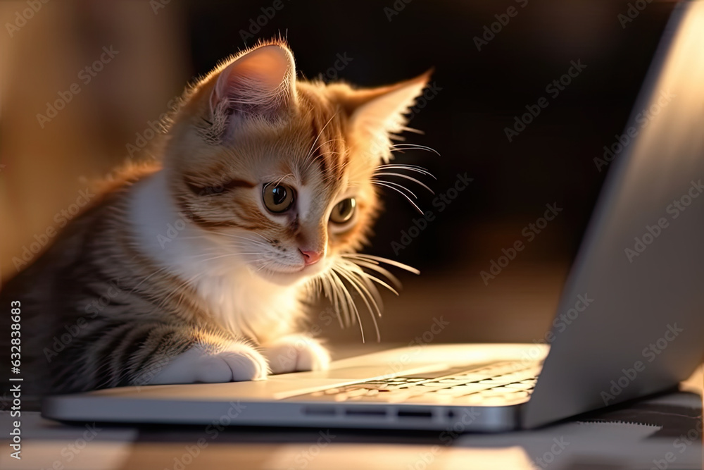 Cute kitty at laptop computer. Small cat looking at the screen of laptop computer at home. Remote working, online learning, video call, social media