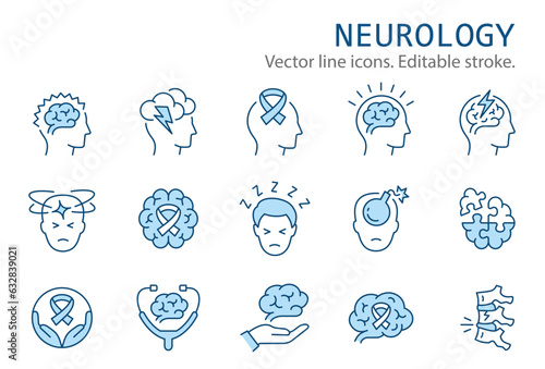 Neurology flat icons, such as stress, dementia, multiple sclerosis, epilepsy and more. Editable stroke. photo