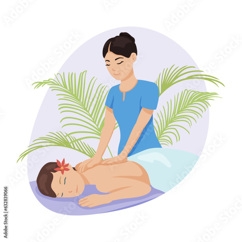 Relaxed woman having back massage vector illustration. Massage therapist helping female client relax at spa salon procedure. Cosmetology, health care, mental peace concept