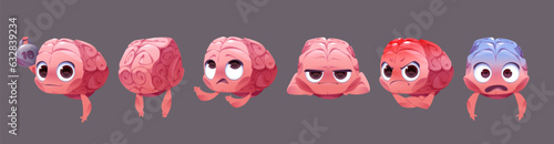 Cute cartoon brain character do exercise with emotion expression vector illustration. Memory fitness training comic organ with dumbbell. Isolated tired, angry and shocked knowledge mascot face
