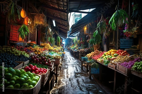 Visualize a vibrant colorful street market filled