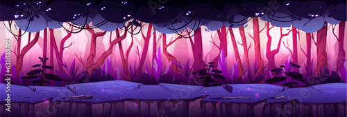 Purple seamless forest landscape game background. Fantasy jungle nature environment scene for mysterious fairytale animation. Wild dark summer woodland runner scenery for adventure videogame