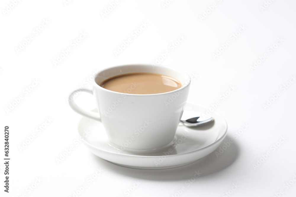 hot drink milk tea , milo , kopi coffee with milk in white cup and tea spoon and small plate in white background beverage halal drink food vegan menu for cafe hot drink milk tea , milo , kopi coffee with milk in white cup and tea spoon and small plate in white background beverage halal drink food vegan menu for cafe