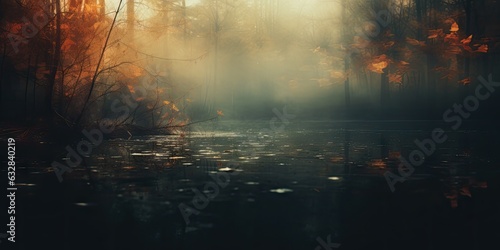 Misty forest in autumn defocused grandeur. Dark beauty in fall embrace. Artistic depiction of nature blurred beauty in autumn