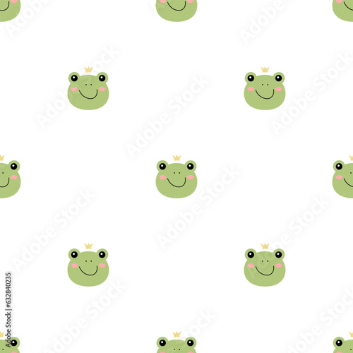 Frog princess doodle style. Hand drawn seamless pattern with cute cartoon frog with crown. Kids background. Kids design texture for fabric, wrapping, textile, decor. Vector illustration