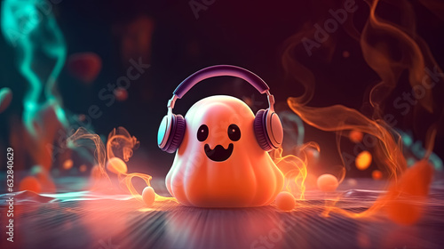 Illustration of fairy pumpkin ghost in headphones. Halloween concept