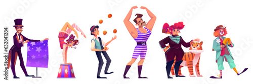 Circus character with clown, acrobat and juggler carnival cartoon isolated vector. magician and comedian illustration of costume. Festival performance with strongman and woman near tiger collection