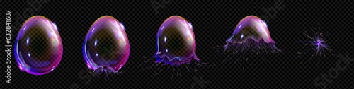 Soap bubble or balloon explode burst animation sequence. 3d magic foam water with reflection sprite design. Isolated realistic sheet with rainbow shampoo ball explosion in air video fx graphic set.