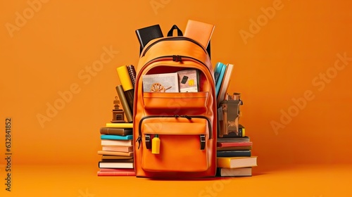 Full school backpack with books isolated on orange background with copy space. Back to school concept. Ai generated
