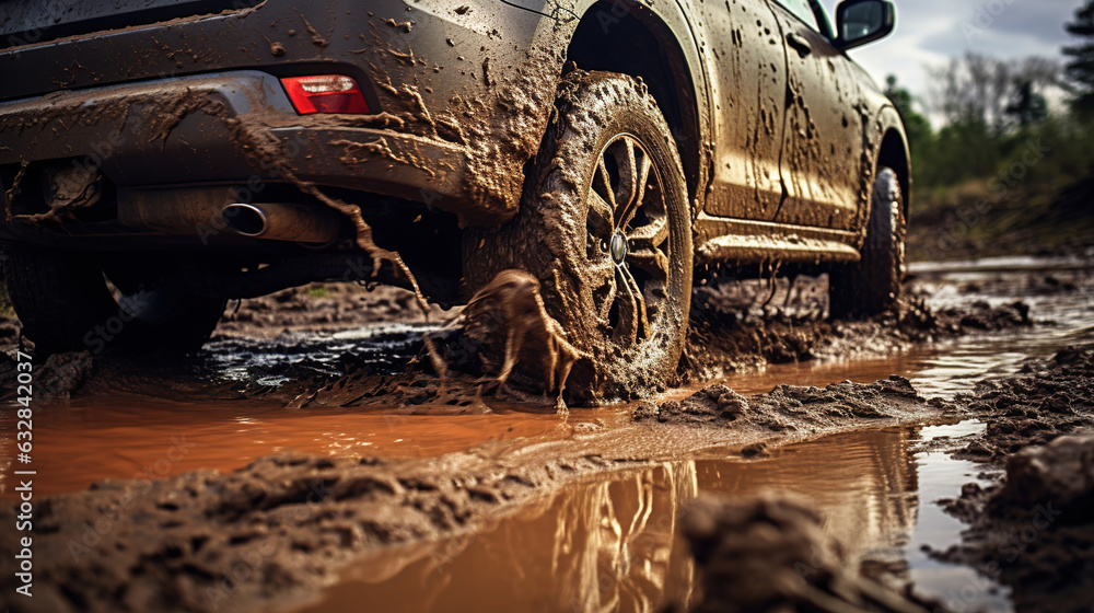 Off-road travel. The car drives through mud