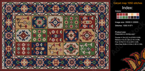 ¬¬Colorful carpet pattern for knitting cross stitch, carpet, rug, fabric, knitting, etc., with mosaic squares and grid guidelines. 1050 stitches. Read the index to learn the details.