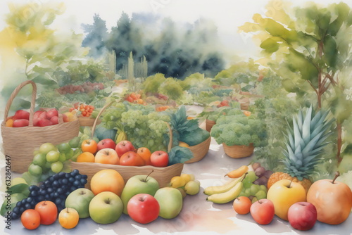 Aquarell eines üppigen Gartens mit verschiedenen Obst- und Gemüsesorten. photo