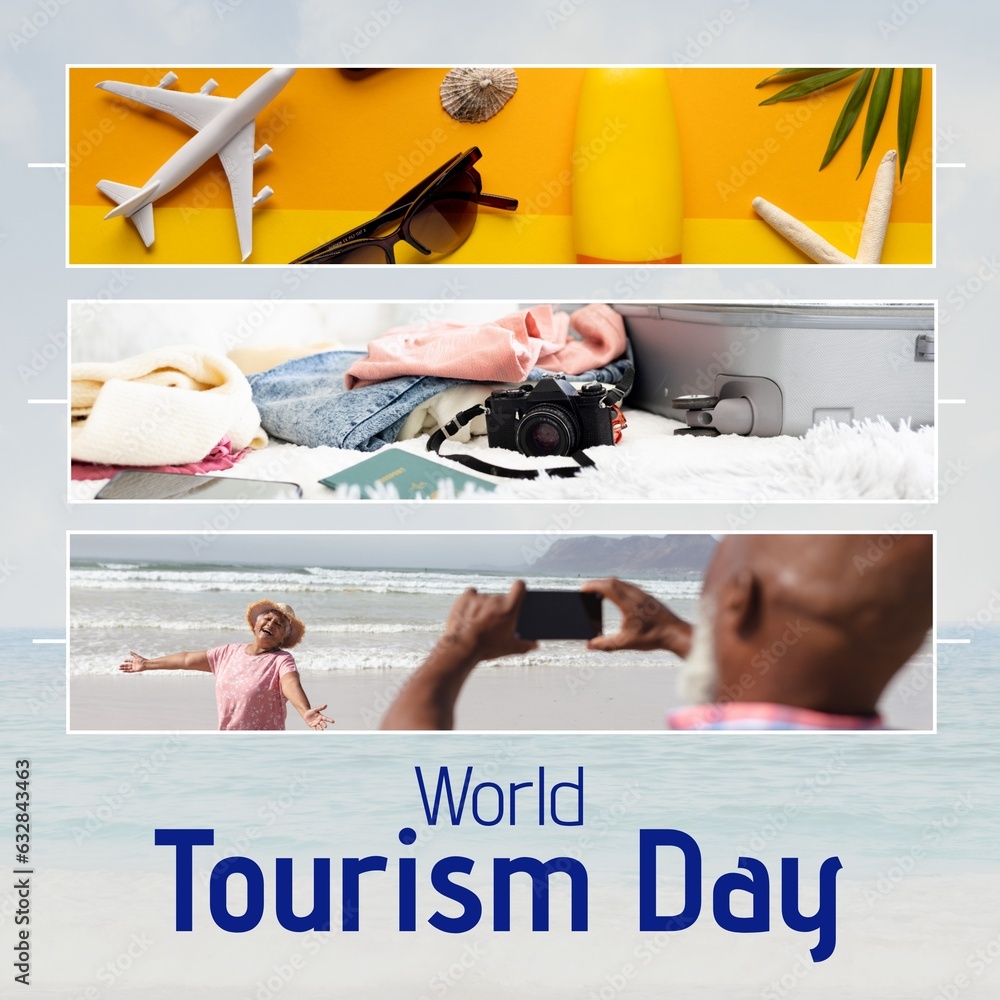 Fototapeta premium World tourism day text with travel items and senior biracial couple taking pictures on beach