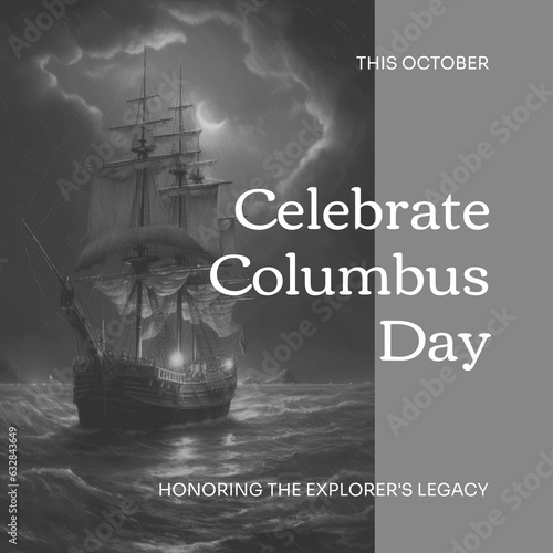 Composition of celebrate columbus day text over wooden ship