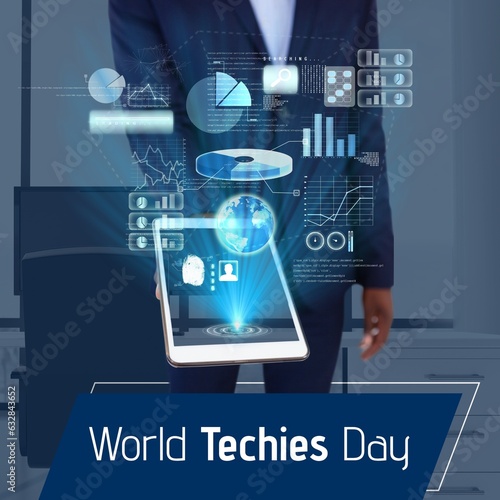 Vászonkép World techies day text with data interface screen over african america businessm