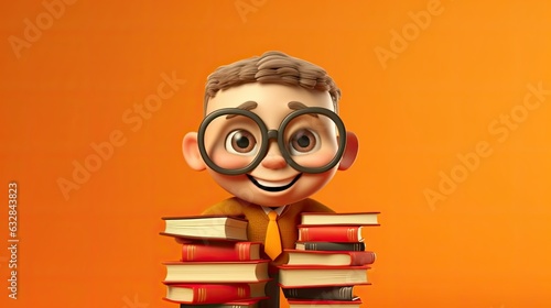 Funny smiling child school boy with glasses hold books on yellow background. Illustration banner. Back to scool concept. ai generative