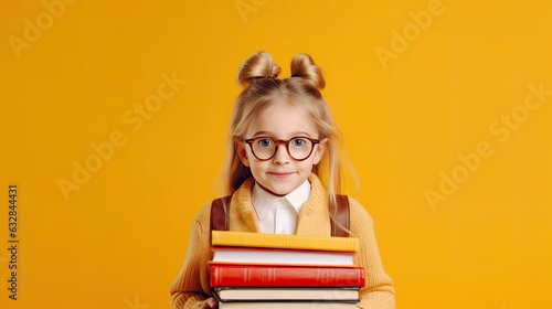 Funny smiling child school gir with glasses hold books on yellow background. Back to scool concept. ai generative photo