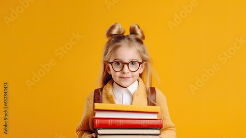 Funny smiling child school gir with glasses hold books on yellow background. Back to scool concept. ai generative