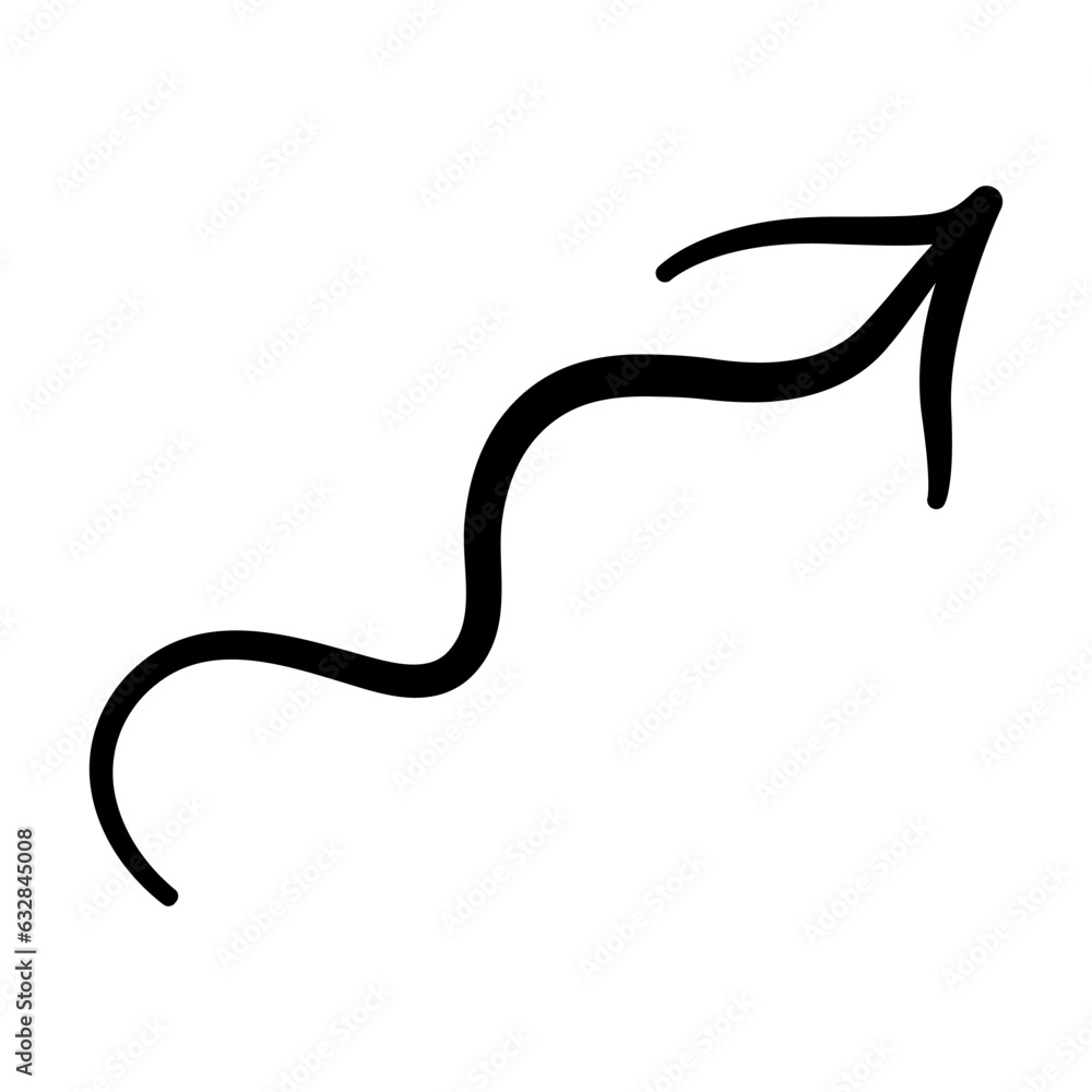 Vector black arrow doodle isolated icon on white background. Curved wave pointer design element.