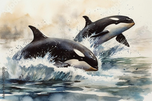 Magnificent orcas leaping out of the water, Animals Watercolor,  © Nati