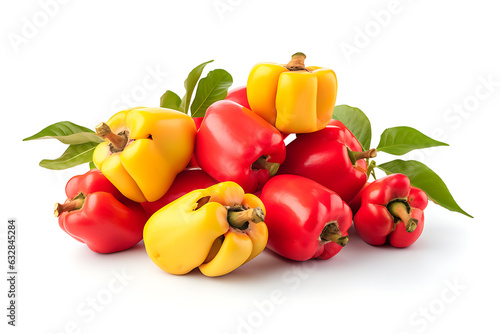 Red and yellow bell peppers with leaves isolated on white background cutout photo