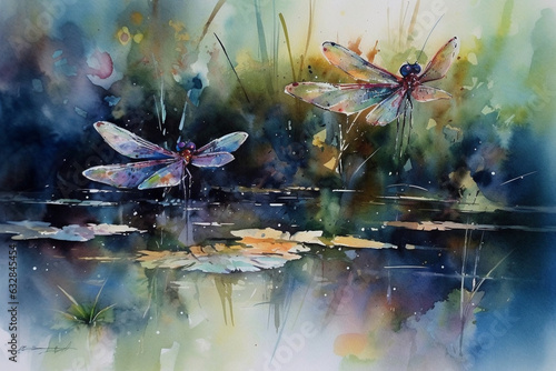 Enchanting dragonflies hovering above a tranquil pond, Animals Watercolor, 