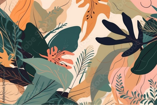 Modern bright exotic jungle plants illustration pattern. Creative collage contemporary floral seamless pattern. Fashionable template for design, Generative AI