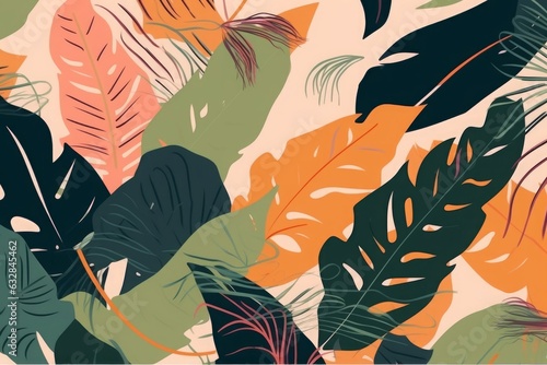 Modern bright exotic jungle plants illustration pattern. Creative collage contemporary floral seamless pattern. Fashionable template for design, Generative AI