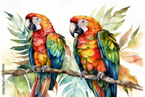 Vibrant parrots perched on tropical branches, Animals Watercolor,  © Nati