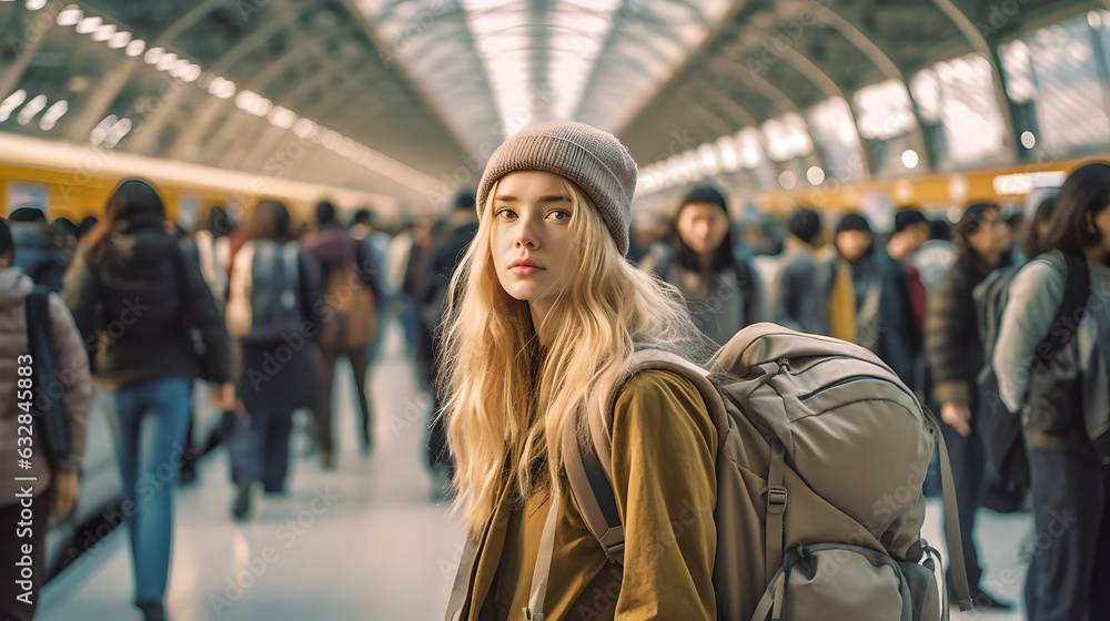 Back view of female backpacker in a busy train station. young woman with travel backpack standing at a train station Back view of female backpacker in a busy train station. young woman with travel backpack standing at a train station