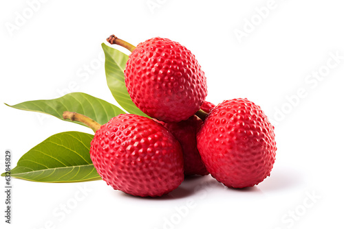 Lychee fruits with leaves isolated on white background cutout