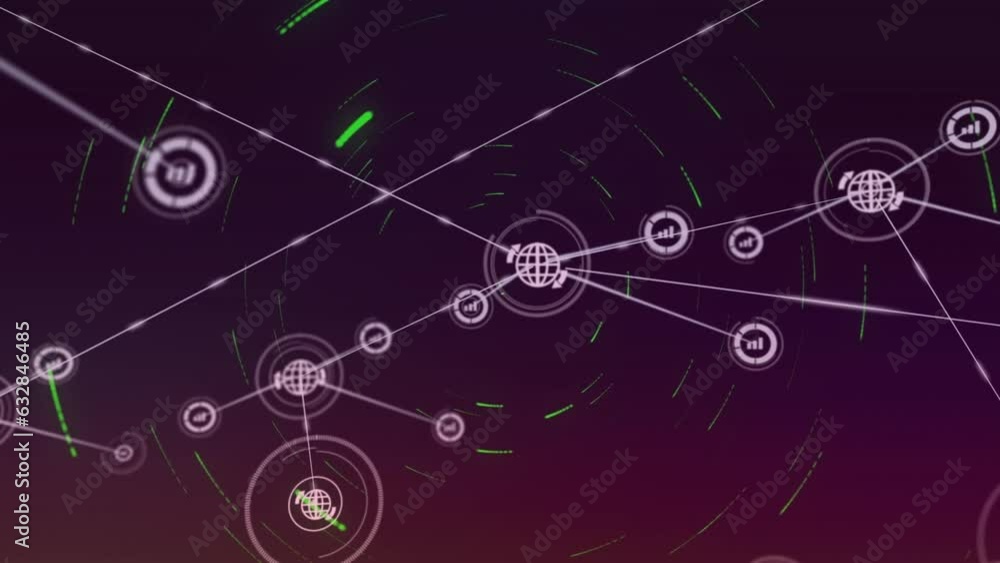 Animation of network of digital icons and light trails spinning on purple gradient background Animation of network of digital icons and light trails spinning on purple gradient background
