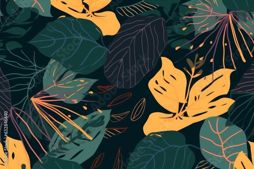 Modern exotic jungle plants illustration pattern. Contemporary floral seamless pattern. Fashionable template for design, Generative AI