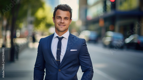 Wallpaper Mural Photography of a pleased, man in his 30s that is wearing a dapper seersucker suit against a sophisticated urban street background. Generative AI Torontodigital.ca
